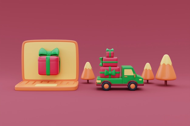 Caminhão verde entregando presentes de natal