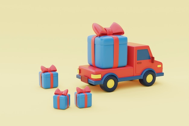 Caminhão vermelho entregando presentes de natal vista lateral