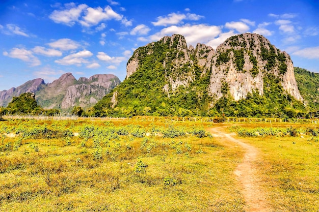 Caminho no meio do campo com montanhas ao longe