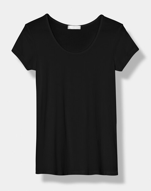 Camiseta feminina preta básica com decote redondo, vista frontal