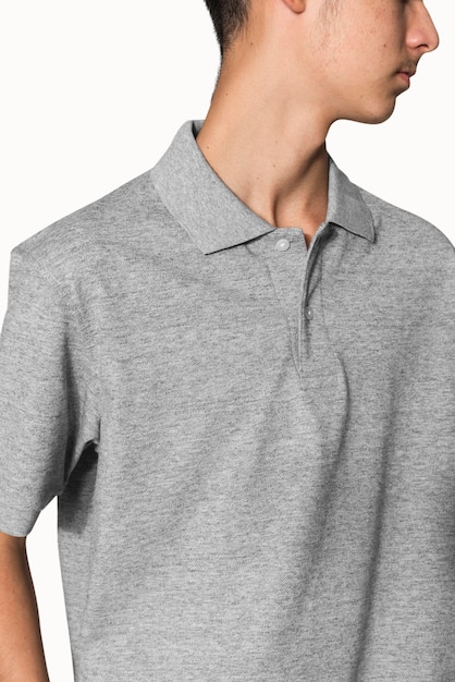 Camiseta polo cinza para fotos de roupas juvenis de meninos