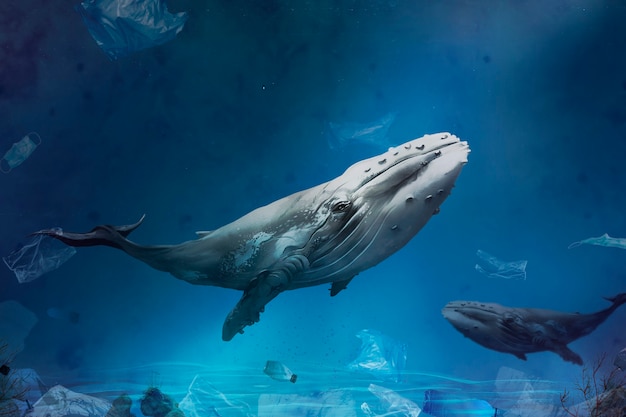 Campanha de poluição do oceano com baleias nadando com sacolas plásticas flutuando