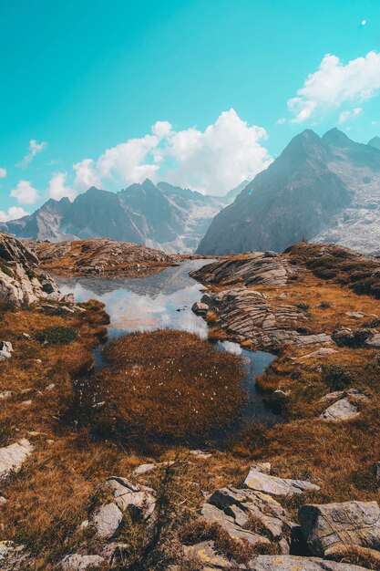 Campo de grama marrom e verde perto da montanha coberta de neve durante o dia