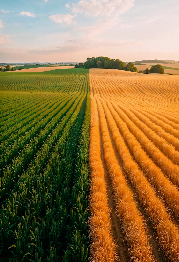 Foto grátis campo dividido de culturas verdes e amarelas sob um céu brilhante