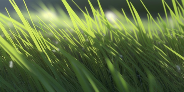 Campo natural de grama verde fechado iluminado por luz solar dourada com raios solares grama de primavera natural