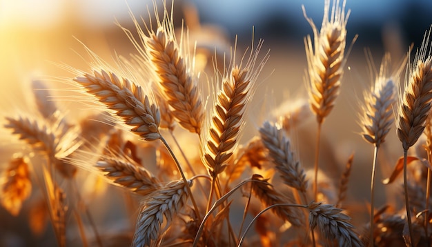 Foto grátis campos de trigo dourado na colheita rural da natureza do pôr do sol gerada pela inteligência artificial
