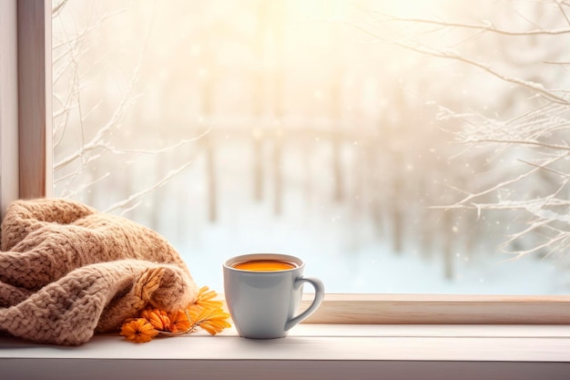 Foto grátis caneca de café quente e tricô de lã no peitoril da janela contra a paisagem de neve de fora