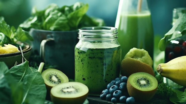 Foto grátis canecas de frasco de vidro com imagem gerada por ai de smoothie de saúde verde