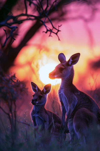 Cangurus ao pôr-do-sol em estilo de sonho