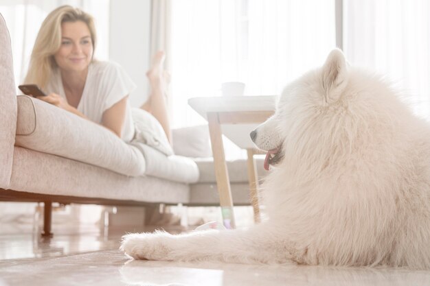 Cão bonito e mulheres na casa.