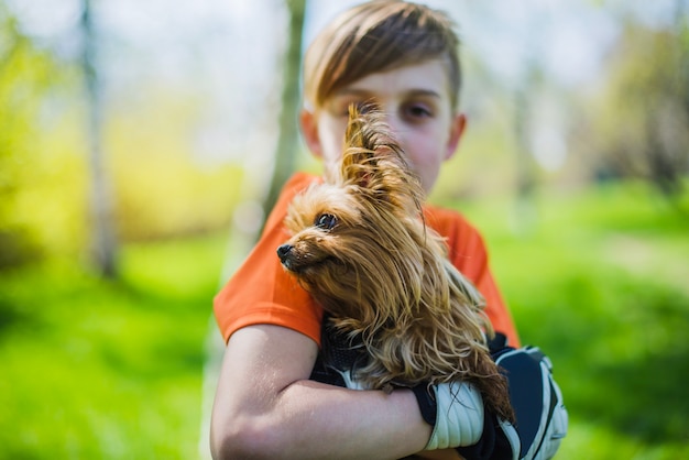 Foto grátis cão bonito nos braços da criança