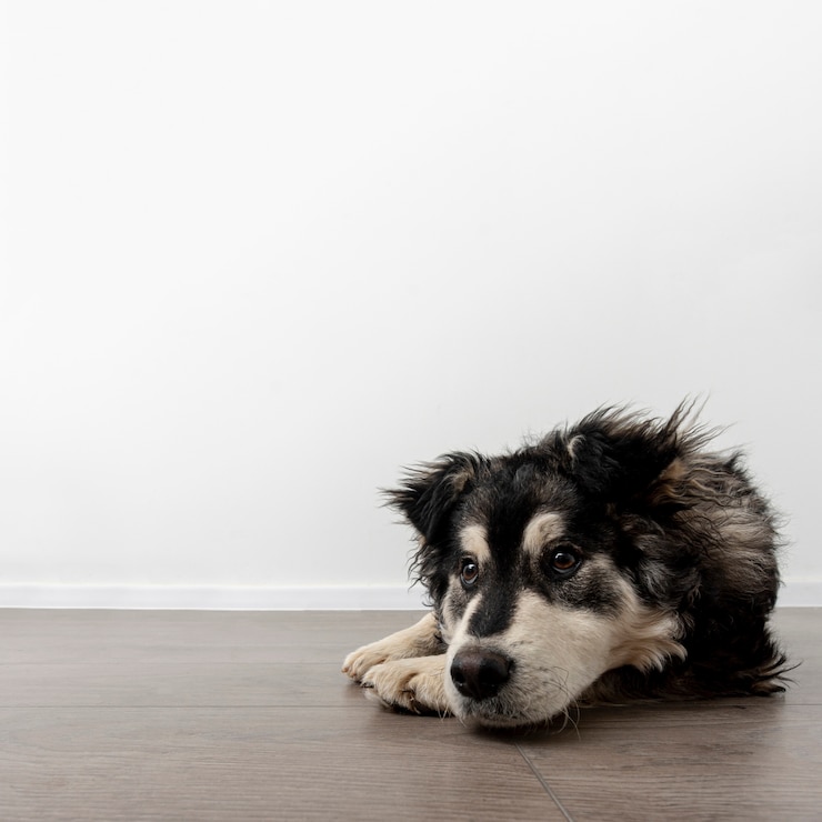 Foto grátis cão de cópia-espaço em casa, sentada no chão