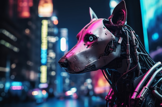 Cão de estilo futurista com fato de robô