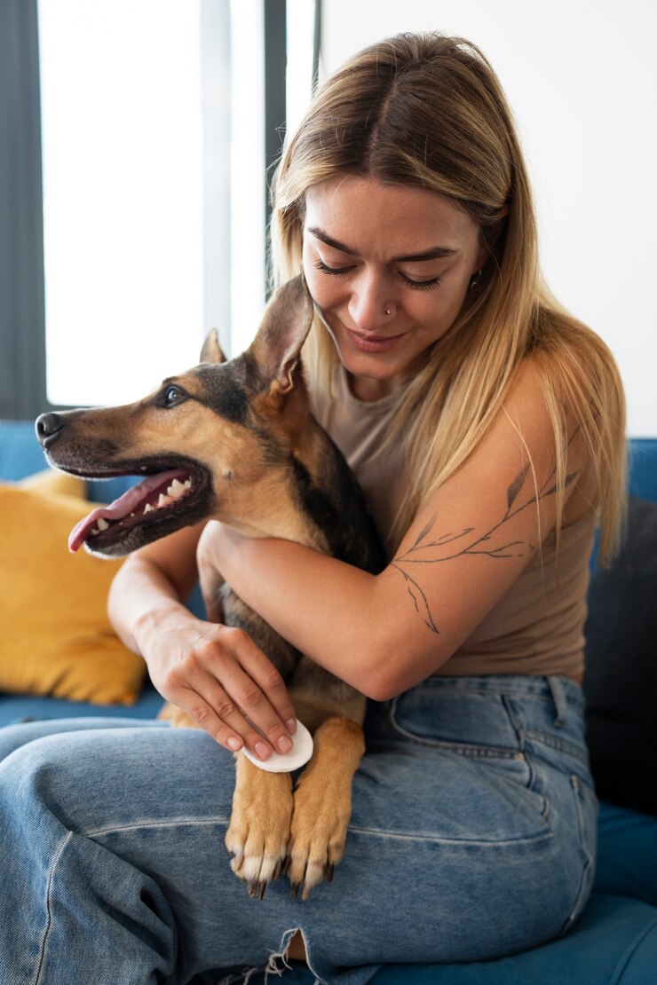 Foto grátis cão de limpeza de mulher de tiro médio