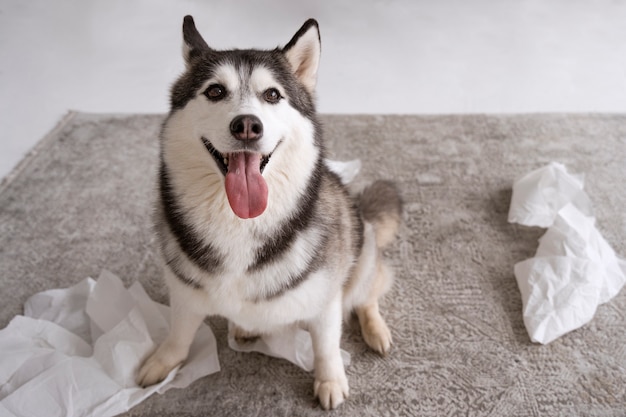 Foto grátis cão fazendo uma bagunça com tecidos de alto ângulo