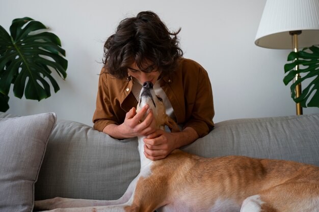 Cão galgo com dono masculino em casa no sofá