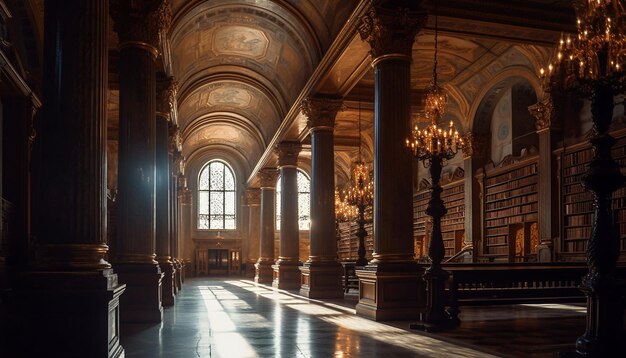 Capela gótica com altar iluminado e banco gerado por IA