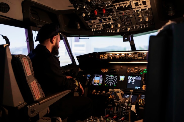 Capitão de avião caucasiano se preparando para decolar e pilotar o avião usando o comando de controle e os botões de energia no painel no cockpit. pilotar aeronaves com interruptor de navegação do painel.