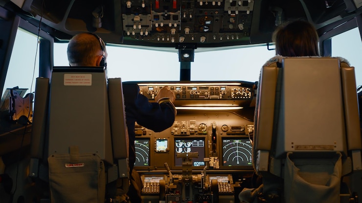 Foto grátis capitão e copiloto mulher no cockpit se preparando para pilotar o avião, usando os botões de comando do painel para fixar o controle de altitude e longitude para decolagem. navegação aérea com bússola de radar.