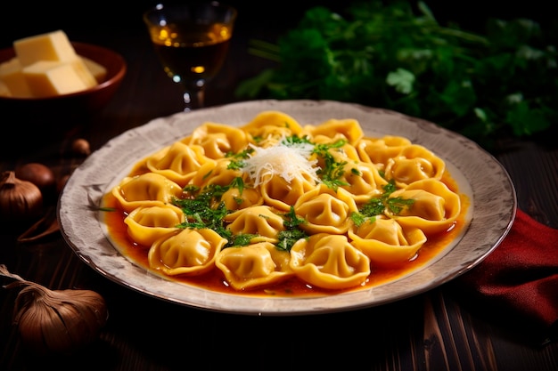 Foto grátis cappelletti em brodo sopa italiana tradicional em mesa de madeira