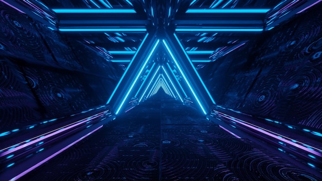 Captura aproximada de luzes de néon coloridas formando formas triangulares em perspectiva