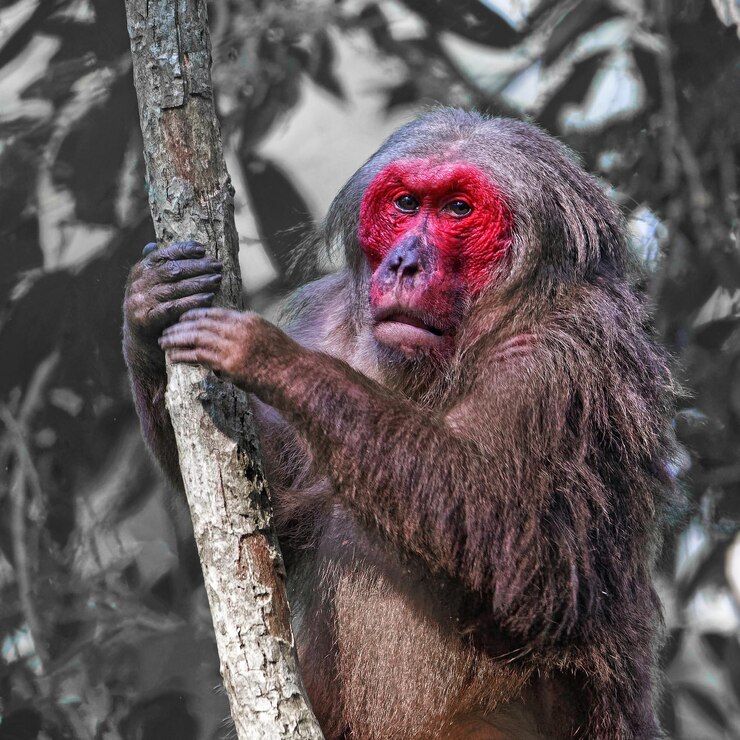 Foto grátis captura aproximada de um macaco urso com cara vermelha numa árvore no jardim zoológico