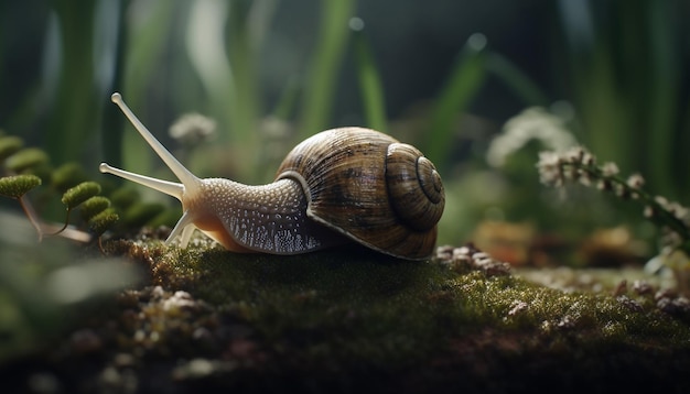 Foto grátis caracol de jardim verde rastejando em folha molhada gerada por ia