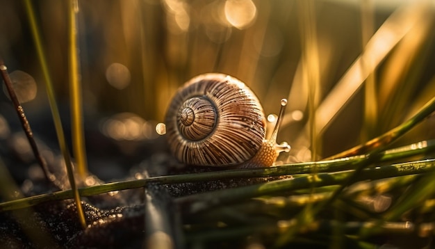 Foto grátis caracol viscoso rastejando em planta verde ao ar livre gerada por ia