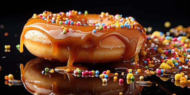 Foto grátis caramelo flui sobre um donut polvilhado refletindo em uma superfície brilhante