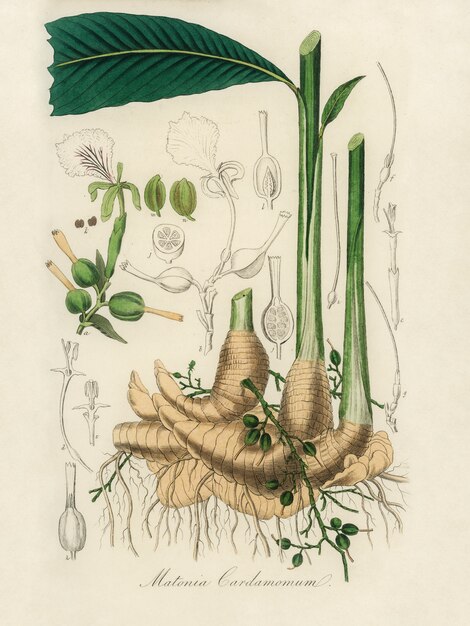 Foto grátis cardamomo verdadeiro (cardamomo de matonia) ilustração de botânica médica (1836)