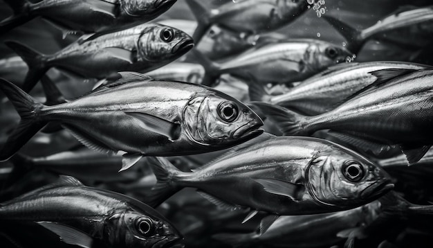 Cardume de peixes em captura fresca monocromática para alimentação saudável gerada por ia