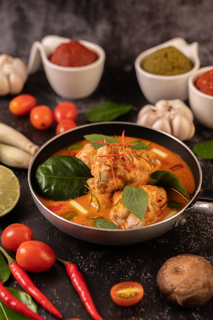 Foto grátis caril de frango em uma panela com capim-limão, folhas de lima kaffir, tomate, limão e alho