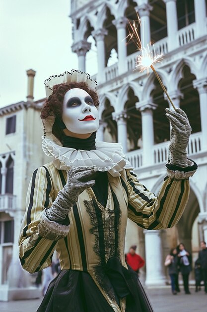 Carnaval de Veneza com pessoas vestindo trajes tradicionais com máscaras