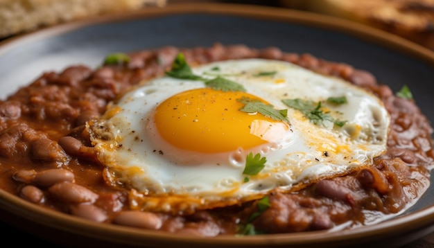 Carne de porco frita e ovo em prato de pão gerado por ia