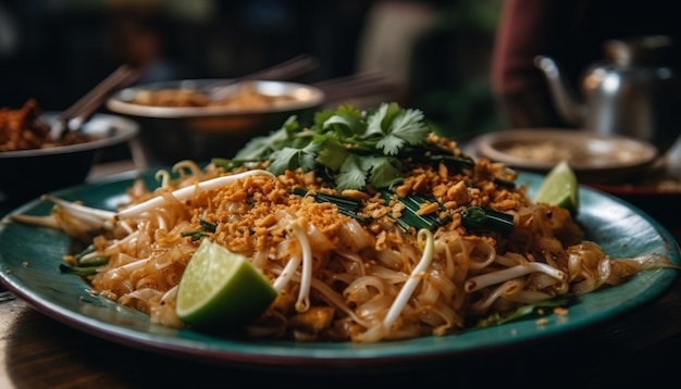 Foto grátis carne de porco frita gourmet com legumes frescos gerados por ia