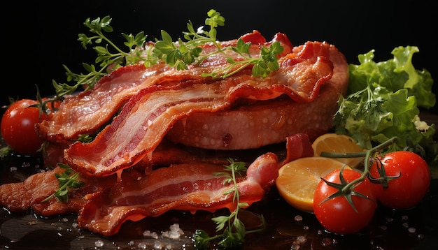 Carne de porco grelhada, bife de bacon, fatia de tomate fresco num prato de madeira gerado por inteligência artificial.