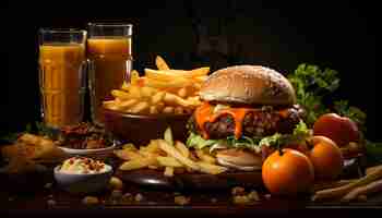 Foto grátis carne grelhada cheeseburger batatas fritas tomate em mesa de madeira rústica gerada por inteligência artificial