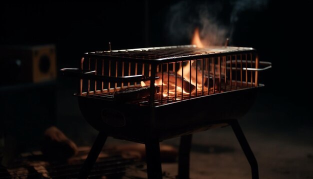 Carne grelhada cozinhando na grelha de metal ao ar livre gerada por IA