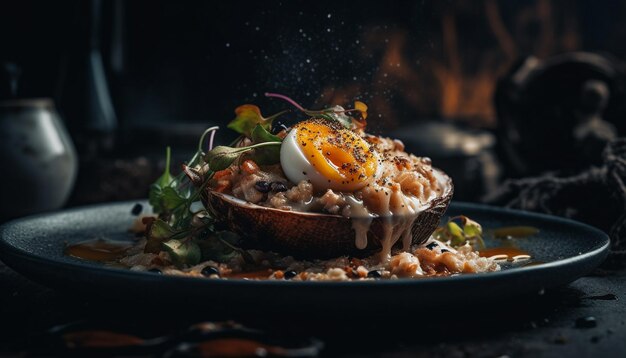 Foto grátis carne grelhada e legumes em prato rústico gerado por ia