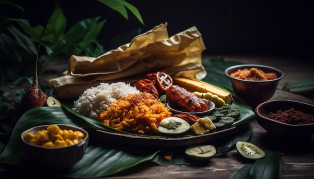 Carne grelhada e legumes na mesa de madeira rústica gerada por AI