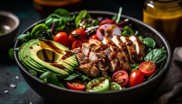 Carne grelhada e legumes na placa de madeira gerada por IA