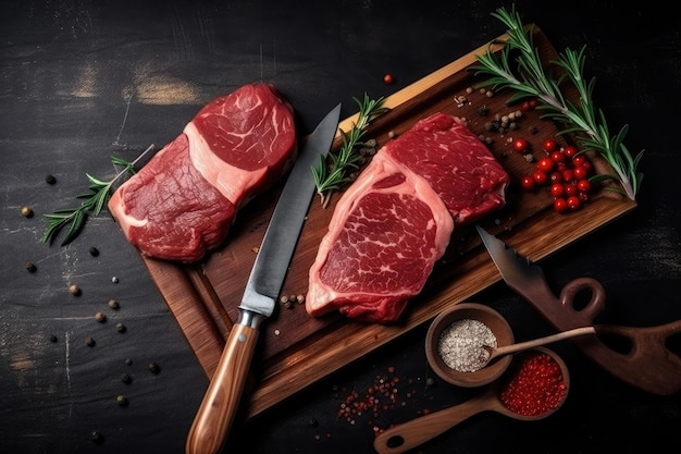 Carnes cruas com especiarias e utensílios em uma tábua rústica e madeira escura vista superior ai generative