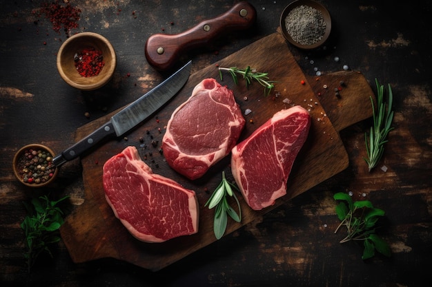 Carnes cruas com especiarias e utensílios em uma tábua rústica e madeira escura Vista superior Ai generative