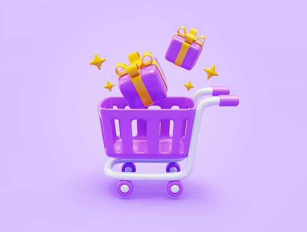 Foto grátis carrinho de compras com ícone de caixa de presente promoção desconto venda recompensa check-out comércio eletrônico compras on-line ilustração 3d