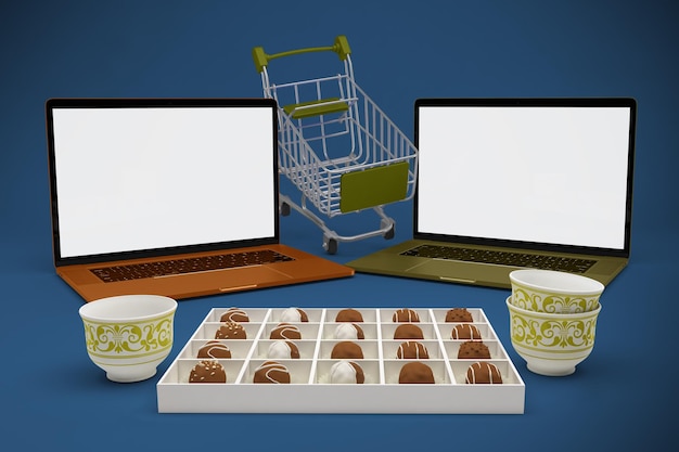 Foto grátis carrinho de compras eid e laptops com perspectiva lateral