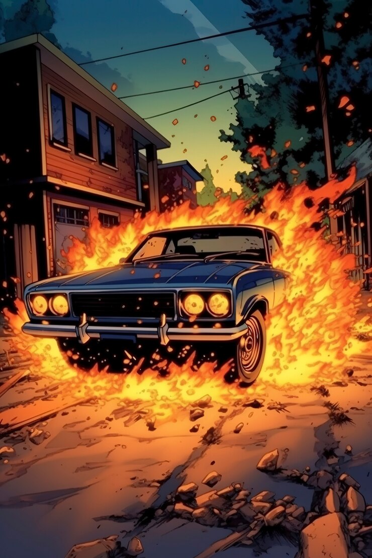 Foto grátis carro de estilo anime com fogo