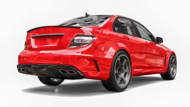 Carro esportivo super rápido de cor vermelha metálica sobre fundo branco sedan em forma de corpo.