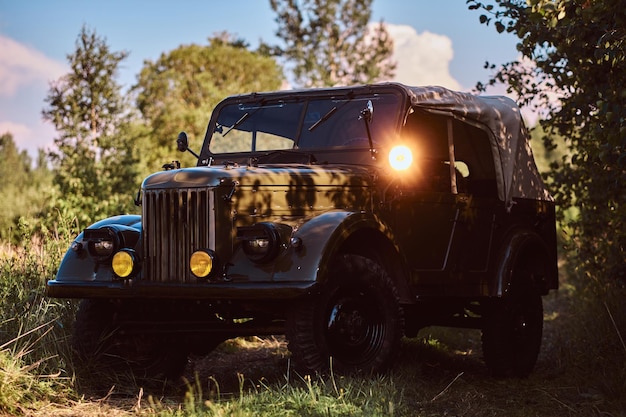 Carro militar retrô na floresta de estepe no dia ensolarado.