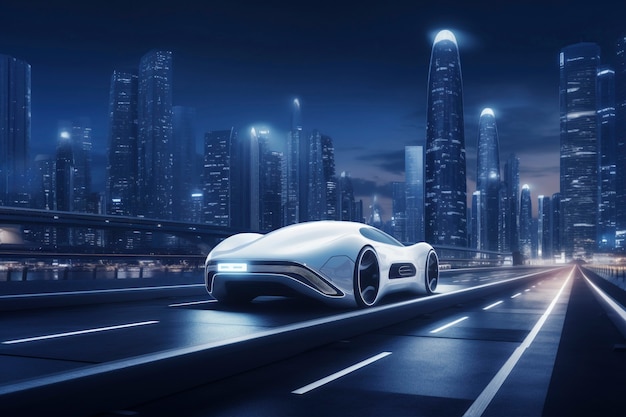 Carro moderno em uma estrada futurista