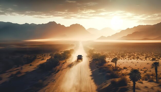 Carro viajando pela estrada empoeirada do deserto sob o sol